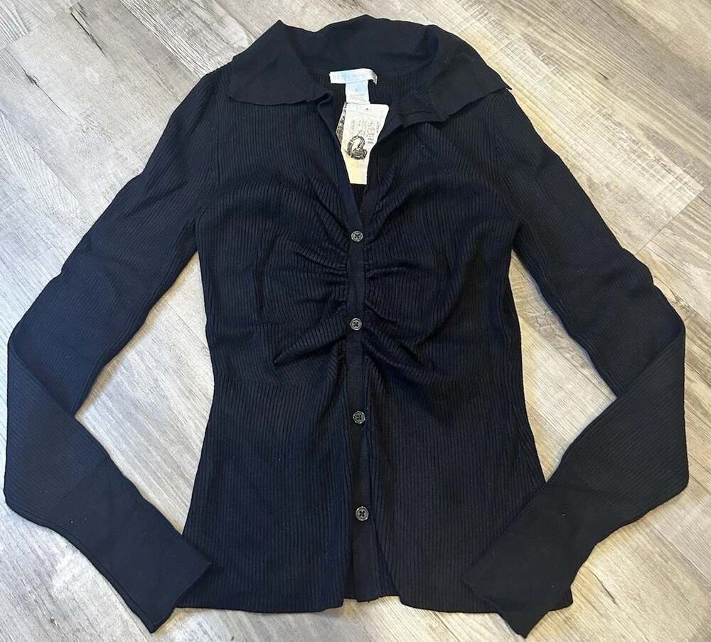 Design History Top Evereve Black Cotton Button Front Minimalist Career Chic $98